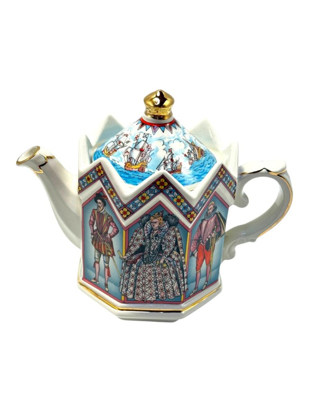 Sadler Teapot Queen Elizabeth I Spanish Armada 1588 Six-sided Ceramic Vintage 88
